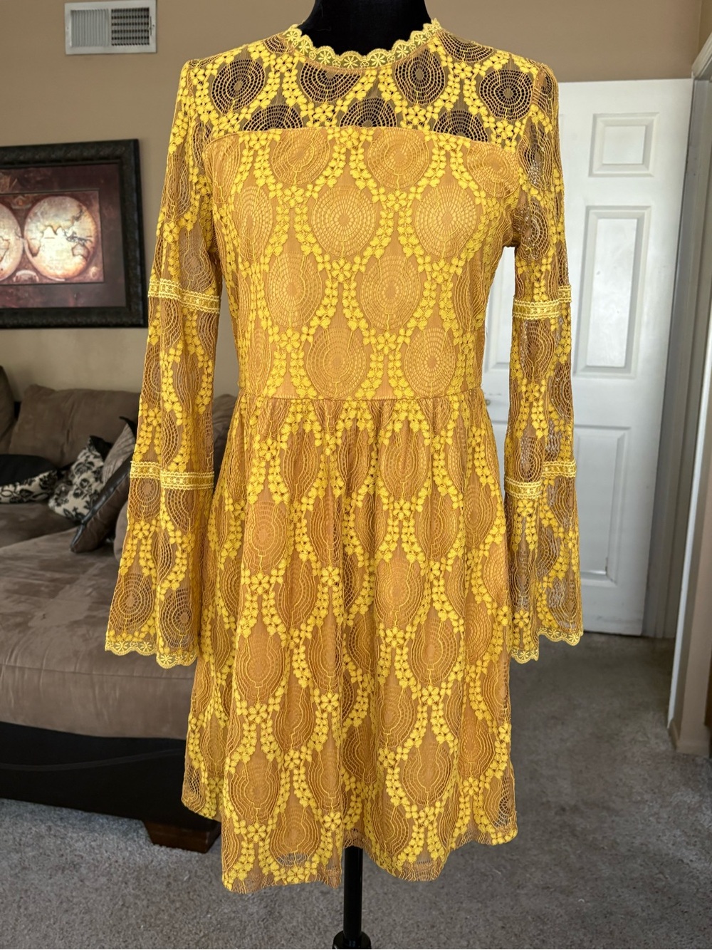 Mustard Yellow Lace Long-Sleeve Fit & Flare Dress size small